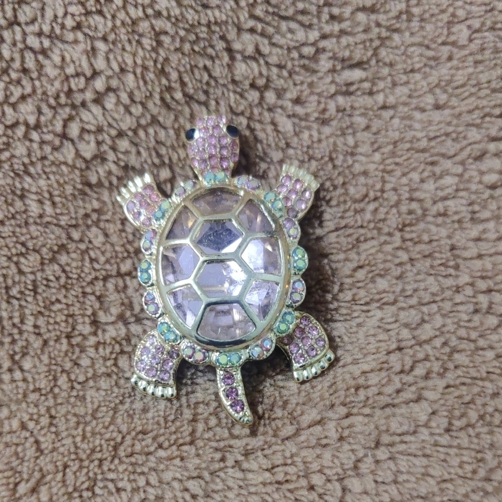 Pink & Silver Turtle Brooch – Sparkling Crystal Shell – Cute Animal Pin